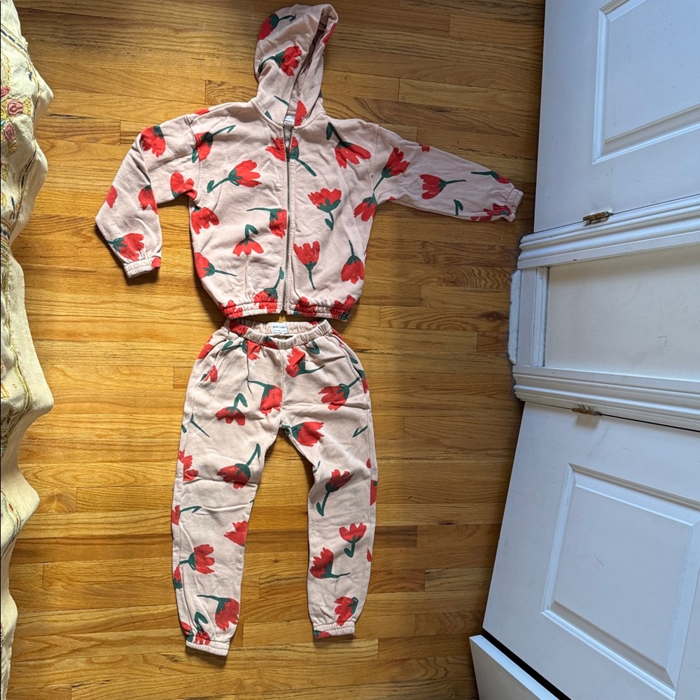 Bobo Choses Cream Pants with Red and Green Floral Design sweatsuit